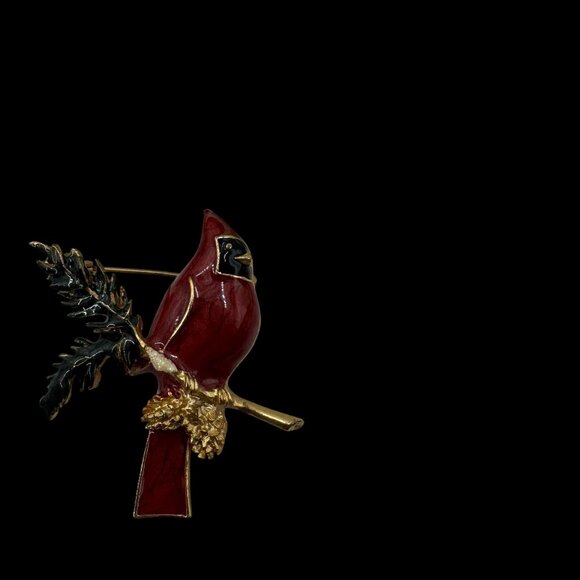 Vtg Cardinal Bird Gold-Toned Pin Brooch on Pine Branch Red & Green Enamel - Picture 8 of 9